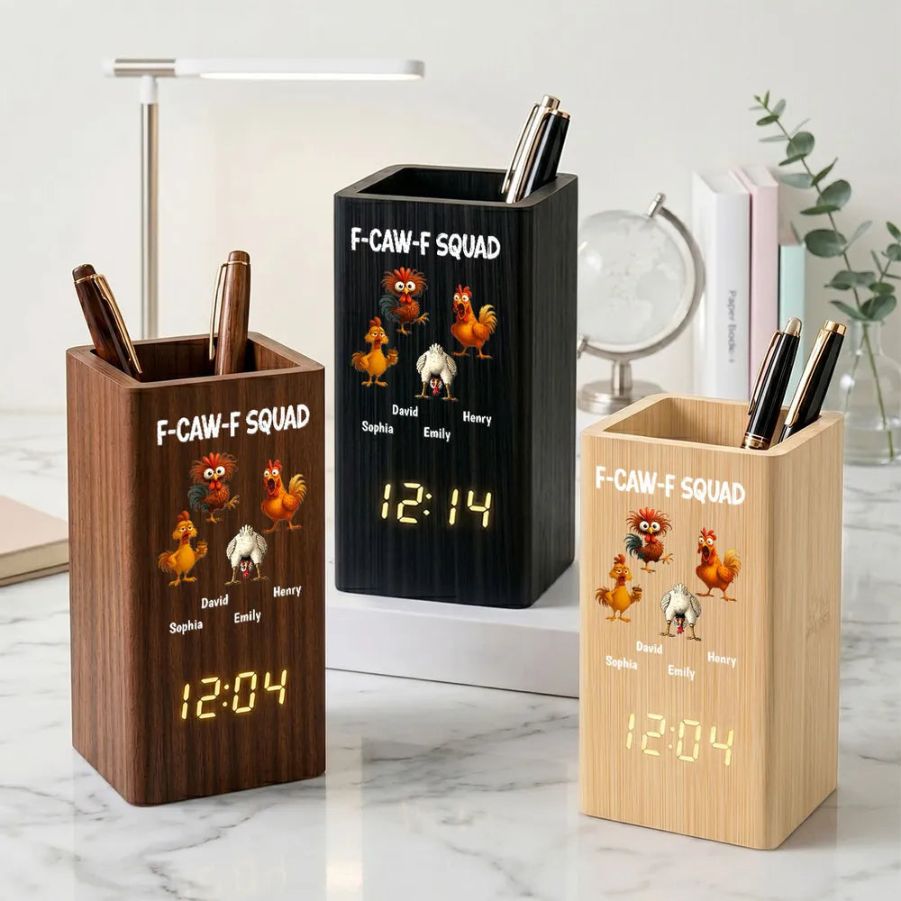 Wooden Pen Holder Clock, Personalized Cartoon Chicken Desk Organizer, Unique Coworker Gift