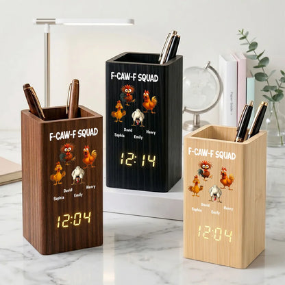 Wooden Pen Holder Clock, Personalized Cartoon Chicken Desk Organizer, Unique Coworker Gift