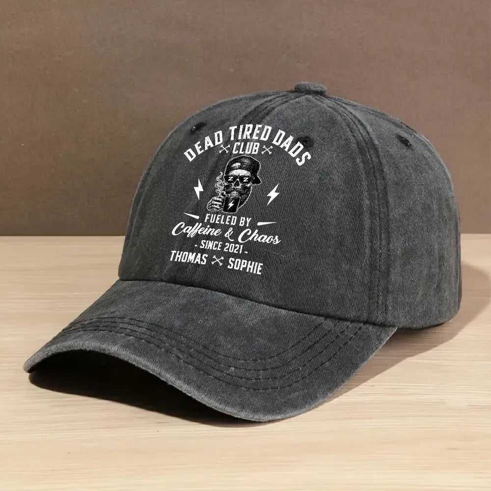 Personalized Washed Denim Baseball Cap for Dad, Dead Tired Dads Club Coffee Graphic, Unique Gift