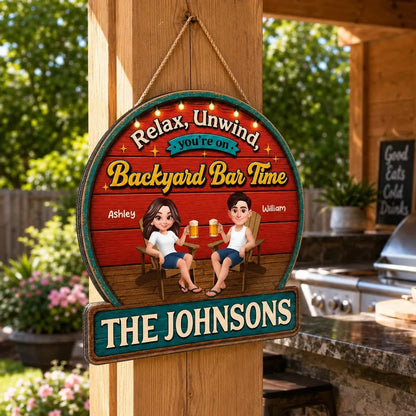 Personalized Wooden Sign with Relax & Unwind Backyard Bar Design, Creative Gift for Couple
