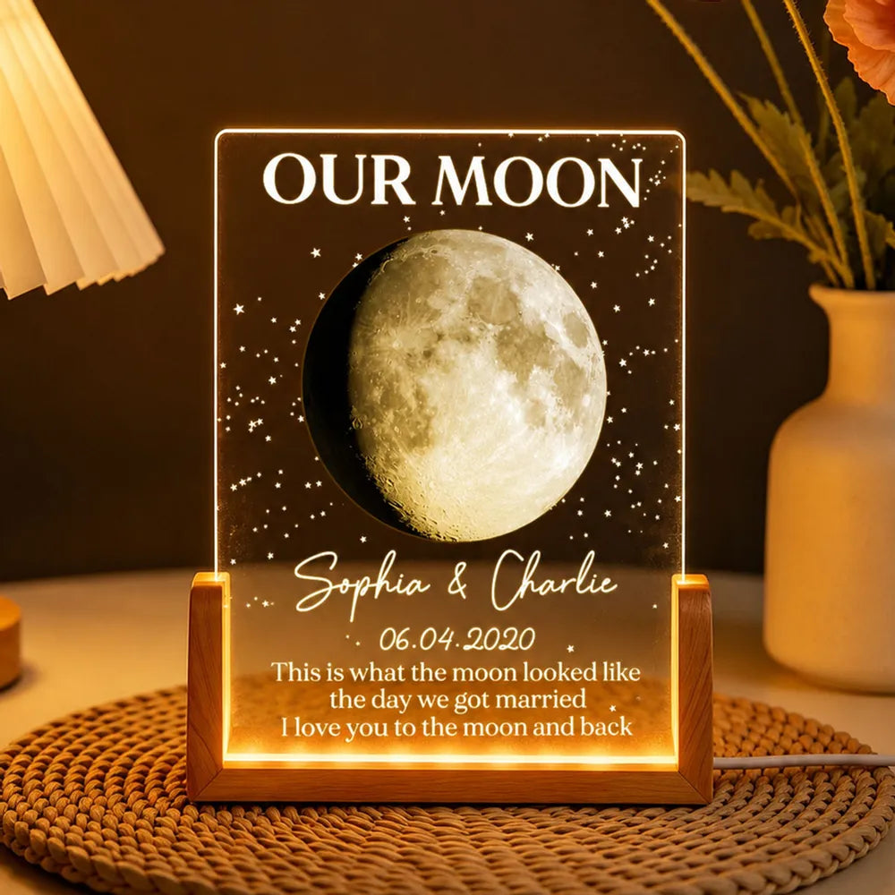Personalized Moon Phase LED Light Frame, Unique Gift for Couple, Warm Starry Wedding Anniversary Keepsake
