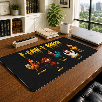 Custom Leather Desk Mat, Cute Cartoon Roosters For A Unique Office Gift & Desk Setup