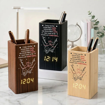 Personalized Wooden Pen Holder Clock, Unique Creative Gift for Partner with Holding Hands Design