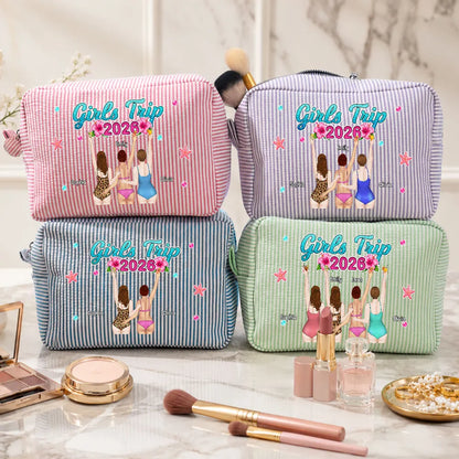 Personalized Striped Makeup Bag, Girls Trip Beach Illustration, Unique Gift for Friends