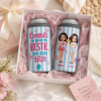 Personalized Can Cooler With Cartoon Besties, Stripe Beach Style, Unique Gift For Best Friend