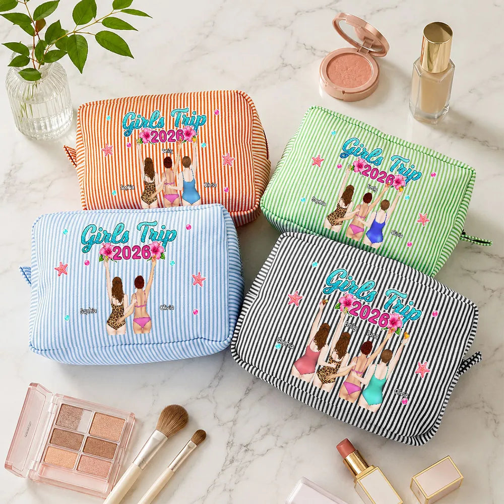 Personalized Striped Makeup Bag, Girls Trip Beach Illustration, Unique Gift for Friends