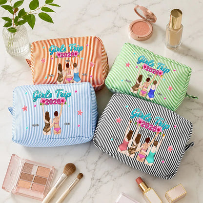 Personalized Striped Makeup Bag, Girls Trip Beach Illustration, Unique Gift for Friends