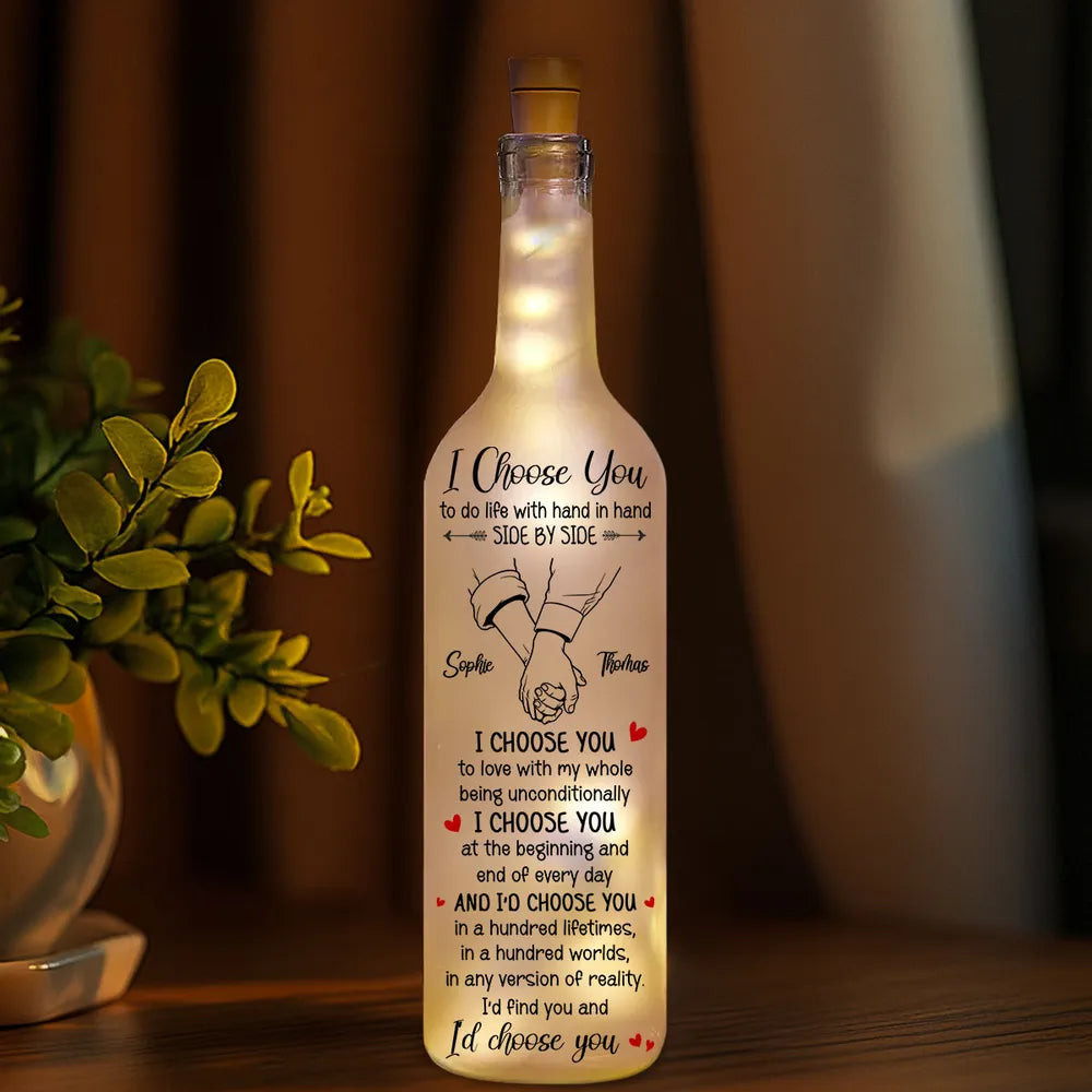 Personalized Bottle Lamp with I Choose You Quote, Holding Hands Design, Unique Gift for Couples