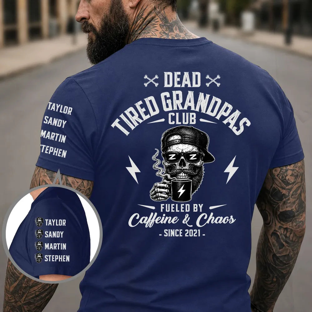 Personalized Classic Tee for Dad, Dead Tired Dads Club Sleeve Design, Unique Creative Gift