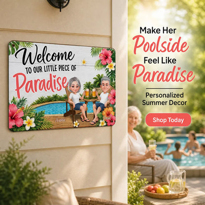 Personalized Rectangular Iron Sign with Sitting Couple, Tropical Pool Welcome Decor, Unique Gift for Couples