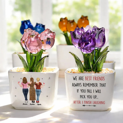 Square Glass Planter, Personalized Pink and Purple Tulips with Arm in Arm Friends, Unique Gift for Best Friend