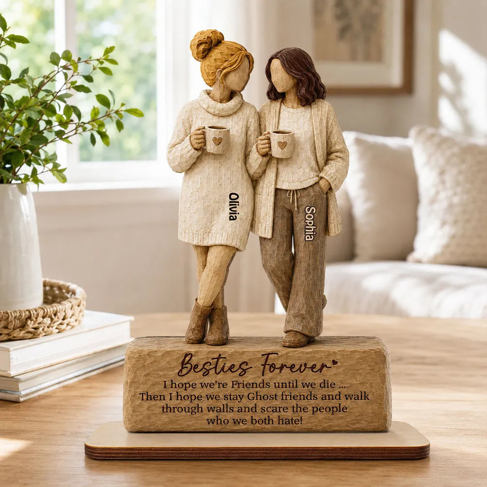 Personalized Wooden Plaque With Two Friends Holding Mugs, Unique Creative Gift For Friend
