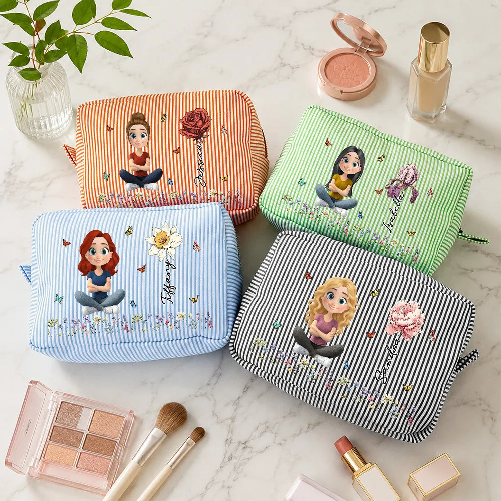 Personalized Stripes Makeup Bag, Sitting Cartoon Girl & Floral Rose Design, Unique Gift for Her