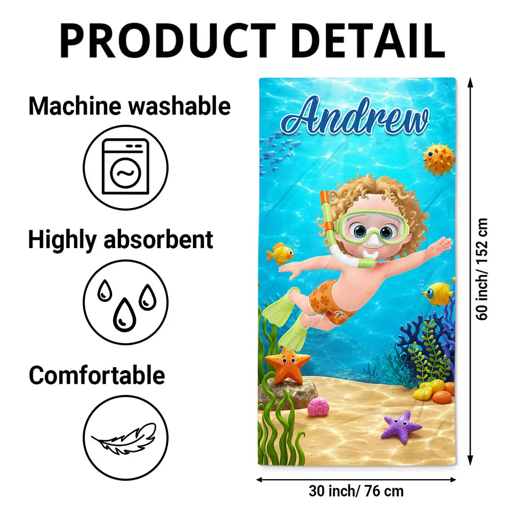 Personalized Beach Towel, Playful Ocean Snorkeling Adventure, Creative Gift for Kids and Grandkids