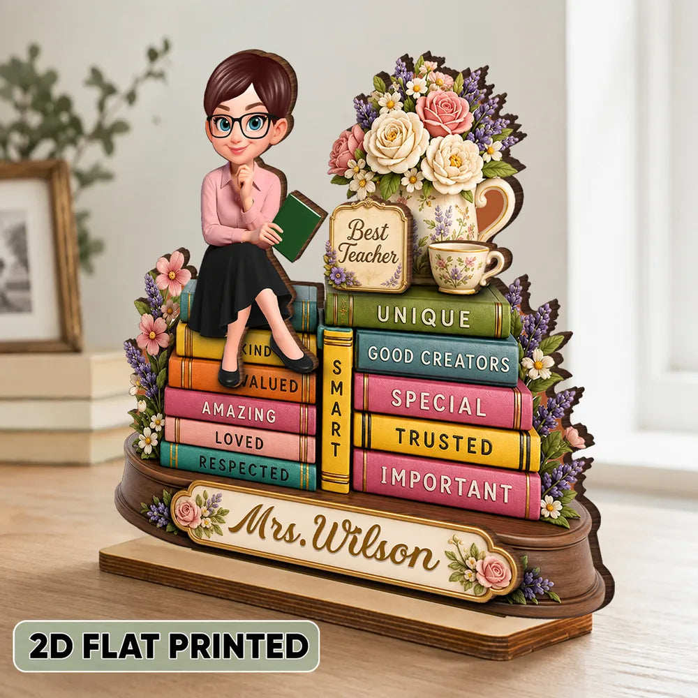 Personalized 2-Layer Wooden Plaque, Floral Teacher Books Desk Decor, Unique Gift for Teacher
