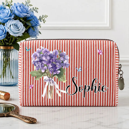 Personalized Stripes Makeup Bag with Birth Month Flower, Unique Creative Gift for Her, Vanity & Travel Pouch