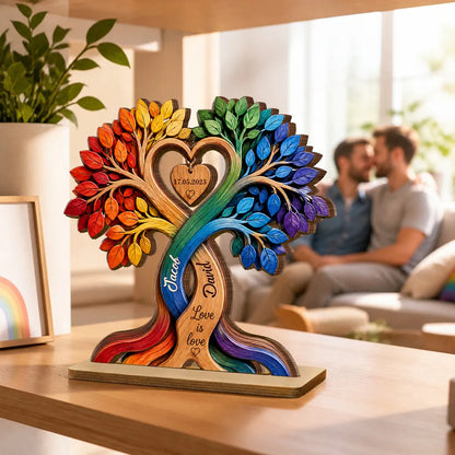 Personalized 2-Layer Wooden Plaque, Rainbow Tree of Love, Unique Gift for LGBT Couple