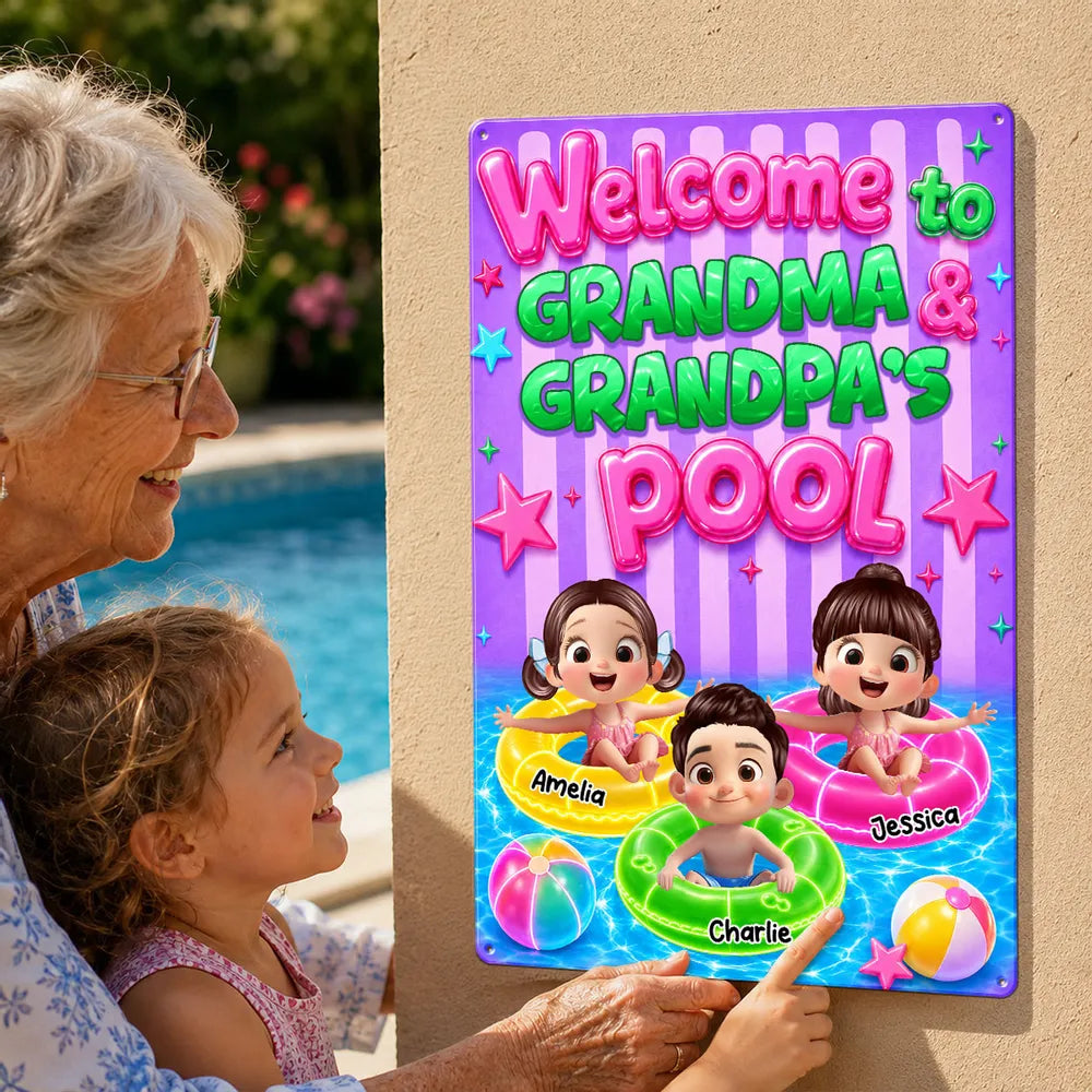 Personalized Rectangular Iron Sign, Neon Grandma & Grandpa Pool Decor, Unique Gift for Grandparents