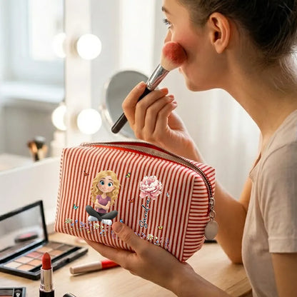 Personalized Stripes Makeup Bag, Sitting Cartoon Girl & Floral Rose Design, Unique Gift for Her