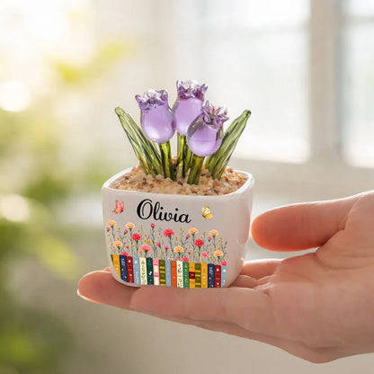 Personalized Square Glass Planter with Purple Tulips & Book Garden, Unique Creative Gift for Book Lover