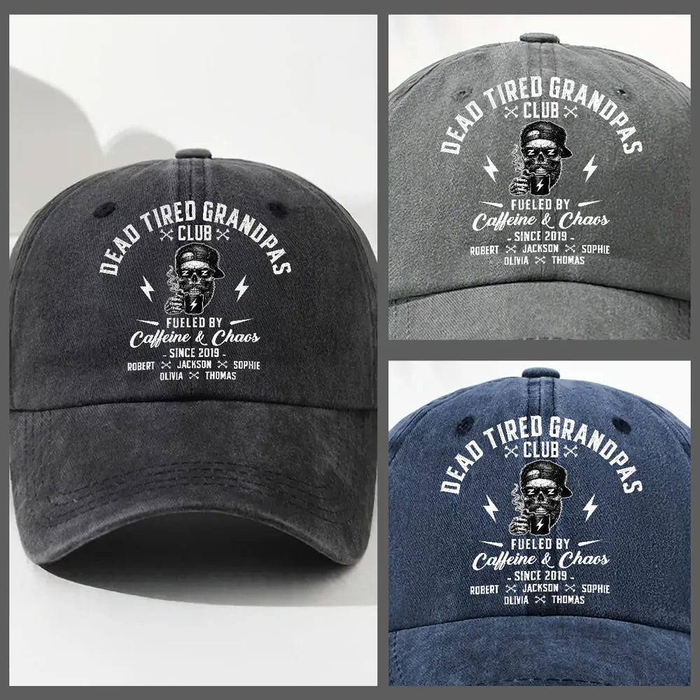 Personalized Washed Denim Baseball Cap for Dad, Dead Tired Dads Club Coffee Graphic, Unique Gift