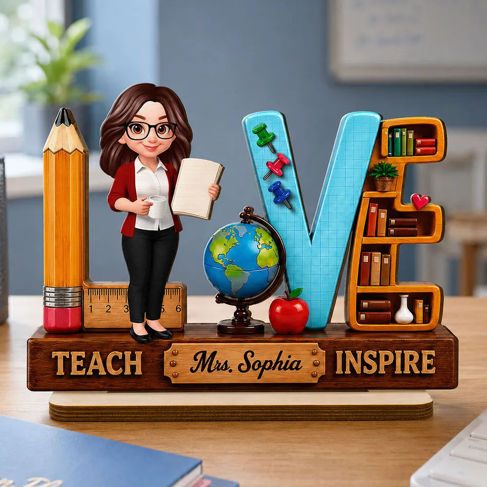 Teach Love Inspire 2-Layer Wooden Plaque, Colorful School Desk Decor, Creative Personalized Teacher Gift