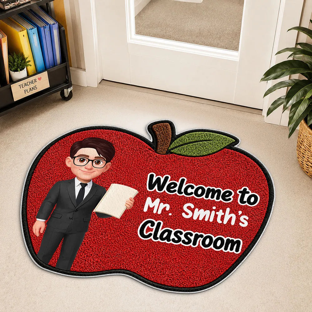 Personalized Shaped Doormat with Smiling Teacher & Apple, Unique Back to School Gift for Teacher