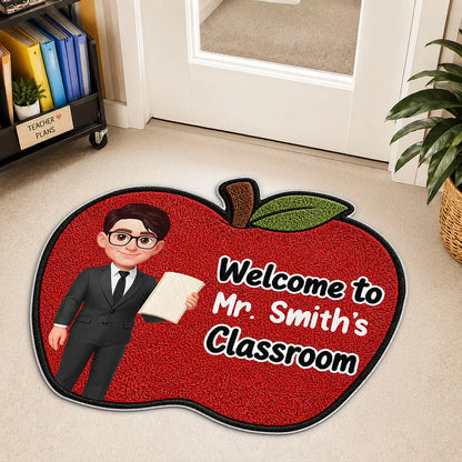 Personalized Shaped Doormat with Smiling Teacher & Apple, Unique Back to School Gift for Teacher