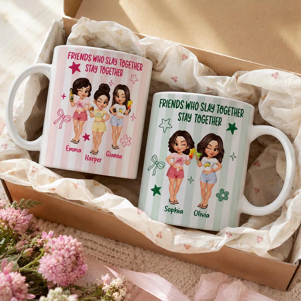 Personalized White Ceramic Mug, Pastel Cartoon Best Friends Holding Drinks, Unique Creative Gift