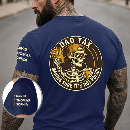 Dad Tax Personalized Dual Print Classic Tee, Vintage Skeleton Holding Fries & Drink, Unique Gift for Dad