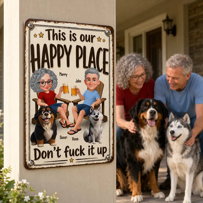 Personalized Rectangular Iron Sign, Vintage Happy Place Couple & Dogs, Unique Creative Gift for Home