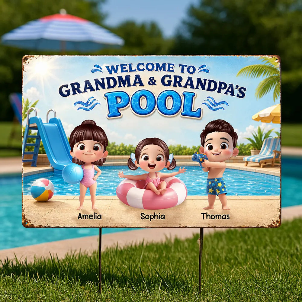 Personalized Rectangular Iron Sign, Kids Playing by Sunny Pool, Unique Gift for Grandma & Grandpa