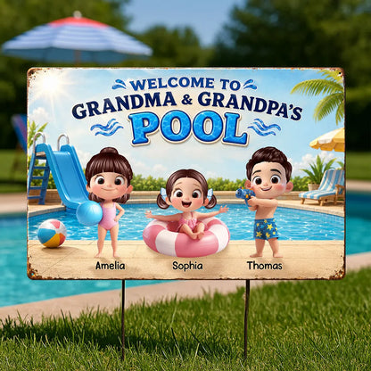 Personalized Rectangular Iron Sign, Kids Playing by Sunny Pool, Unique Gift for Grandma & Grandpa