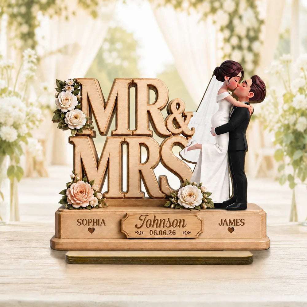 Personalized Wooden Plaque With Mr & Mrs Wedding Design, Kissing Couple, Unique Creative Gift