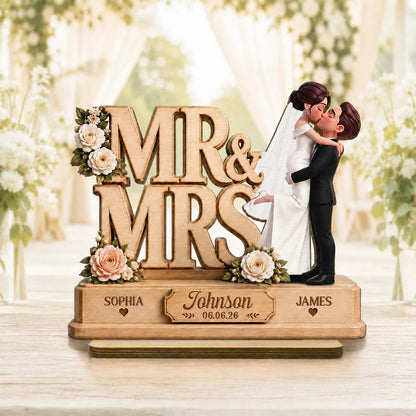 Personalized Wooden Plaque With Mr & Mrs Wedding Design, Kissing Couple, Unique Creative Gift