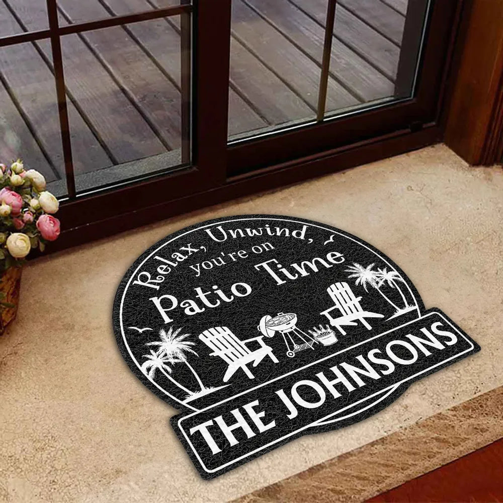 Personalized Shaped Doormat, Patio Time Design With Chairs & Palms, Unique Gift for Family
