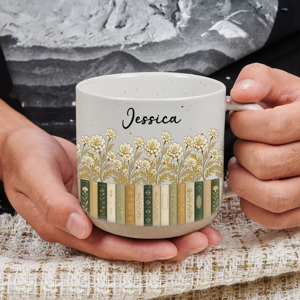 Personalized Pottery Mug, Floral Library Design for Book Lover, Unique Creative Gift for Morning Coffee