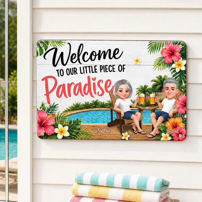 Personalized Rectangular Iron Sign with Sitting Couple, Tropical Pool Welcome Decor, Unique Gift for Couples