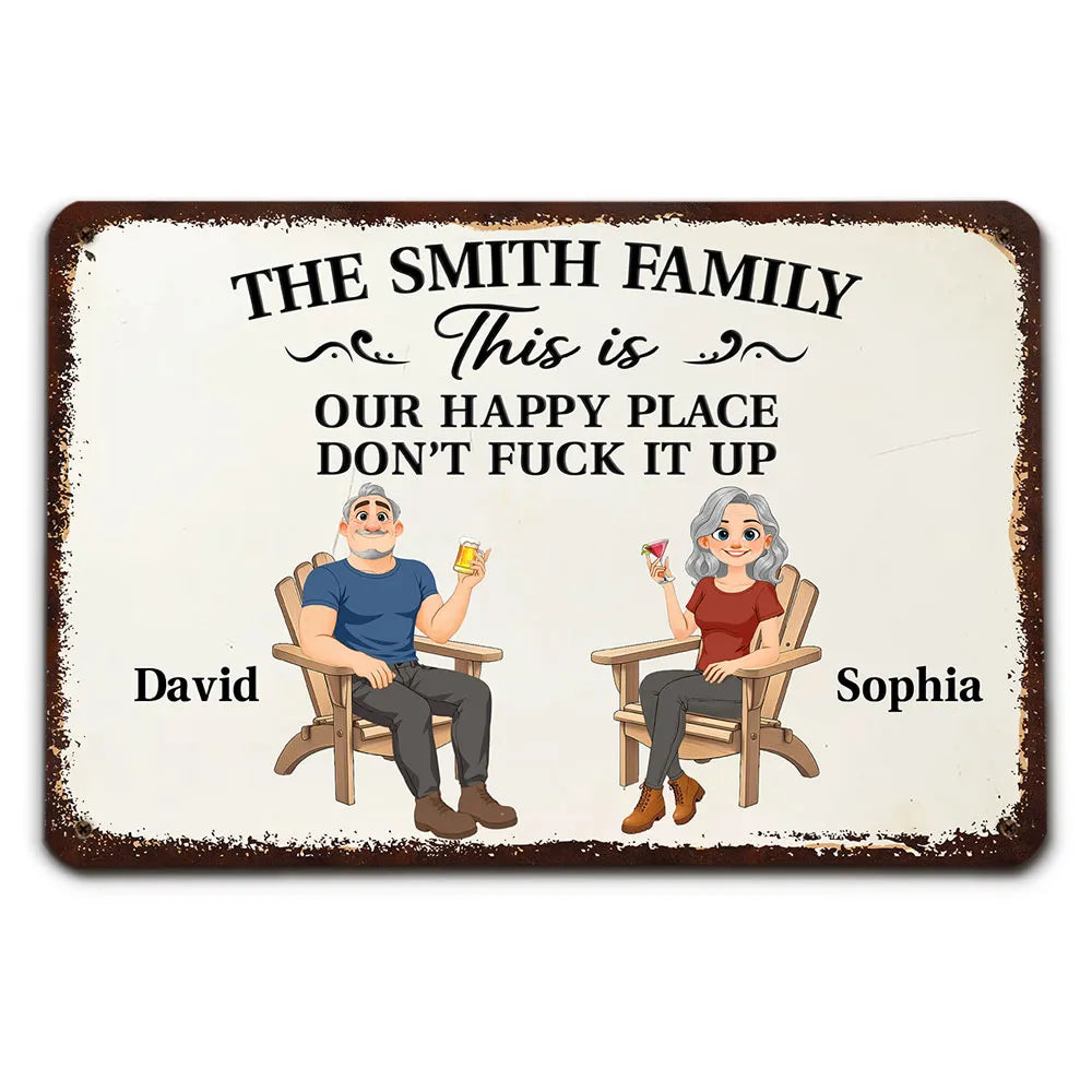 Personalized Rectangular Iron Sign, Seated Couple Happy Place Decor, Unique Gift for Family