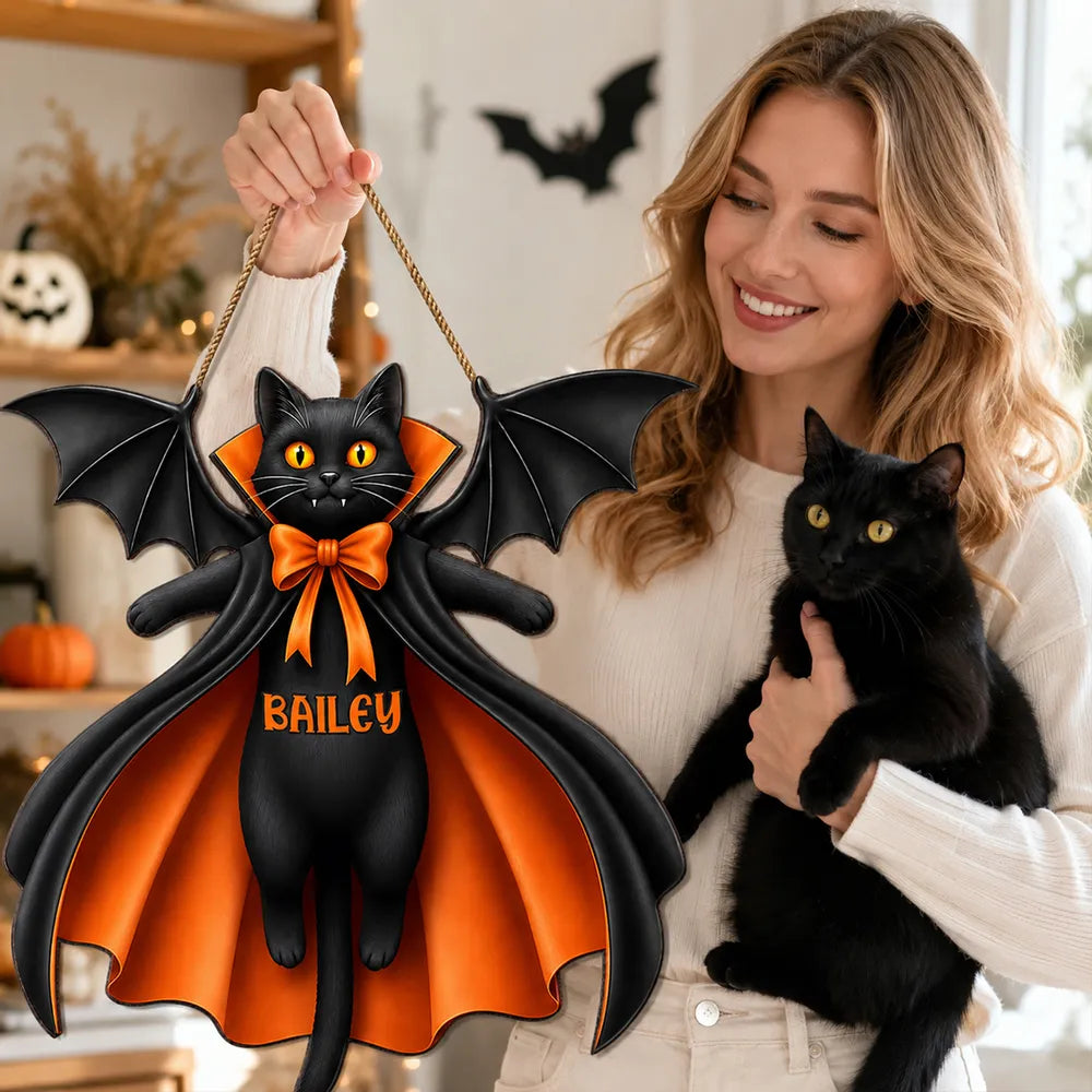 Personalized Cat Vampire Wooden Sign, Pumpkin Front Door Decor, Unique Gift for Cat Lovers
