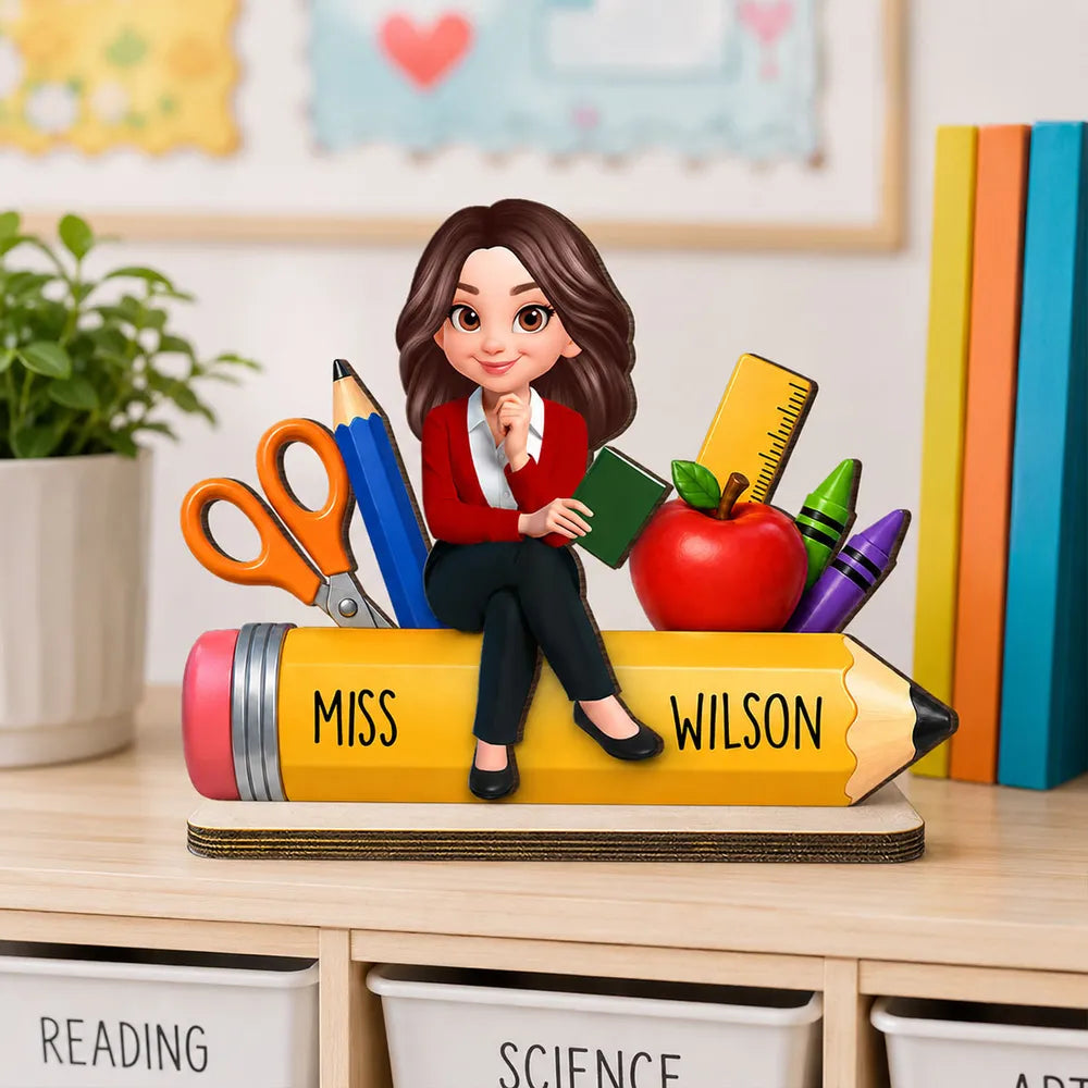Personalized Wooden Plaque, Teacher Sitting on Pencil Classroom Decor, Unique Creative Gift for Teacher