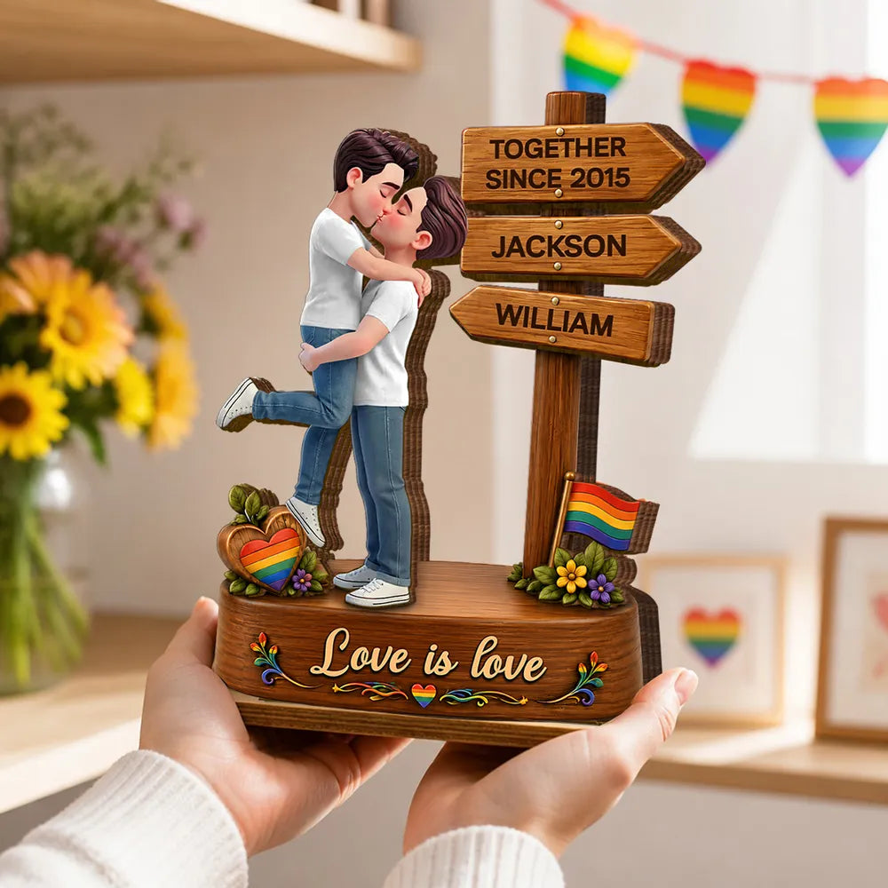 Personalized 2-Layer Wooden Plaque with Kissing LGBT Couple, Unique Gift for Partners & Pride Decor