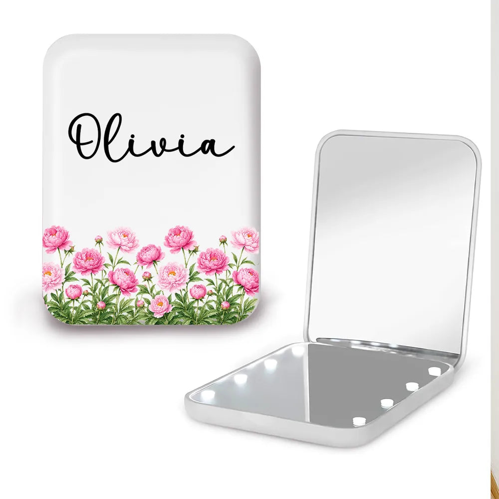 LED Pocket Mirror with Custom Flower Power Art, Creative Gift for Her & Friends