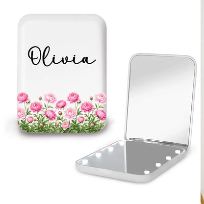 LED Pocket Mirror with Custom Flower Power Art, Creative Gift for Her & Friends