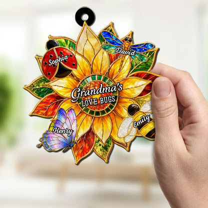 Personalized Acrylic Suncatcher Ornament, Sunflower Love Bugs Window Decor, Unique Gift for Grandma