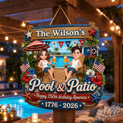 Personalized Wooden Sign, America 250th Pool & Patio Couple Design, Unique Creative Gift for Couples