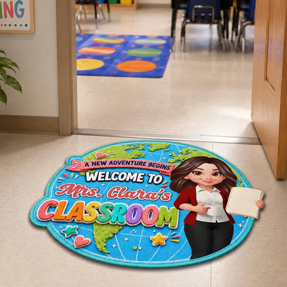 Personalized Shaped Doormat, Globe Classroom Welcome Design, Unique Creative Gift for Teacher