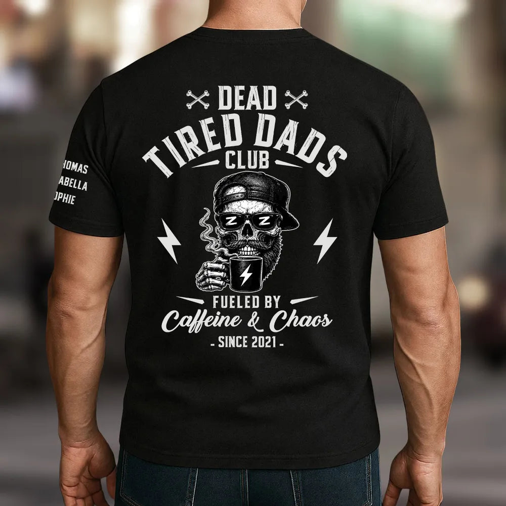 Personalized Classic Tee for Dad, Dead Tired Dads Club Sleeve Design, Unique Creative Gift