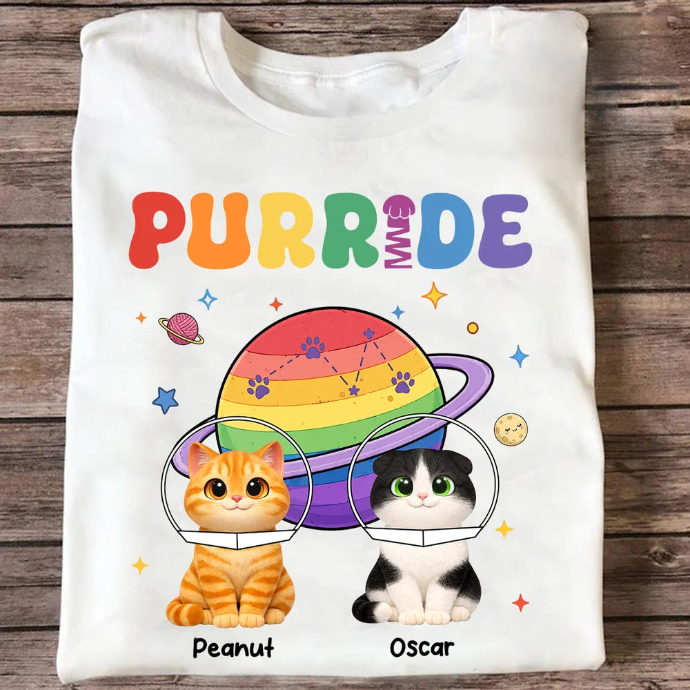 Personalized Purride Cat Classic Tee With Rainbow Space Cats, Unique Gift For Cat Lovers