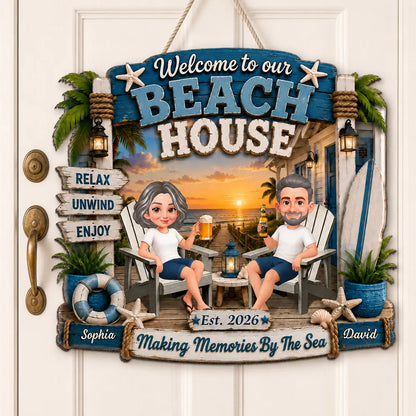 Personalized Wooden Sign, Sitting Couple Beach Sunset, Welcome to Our Beach House Unique Gift For Couple